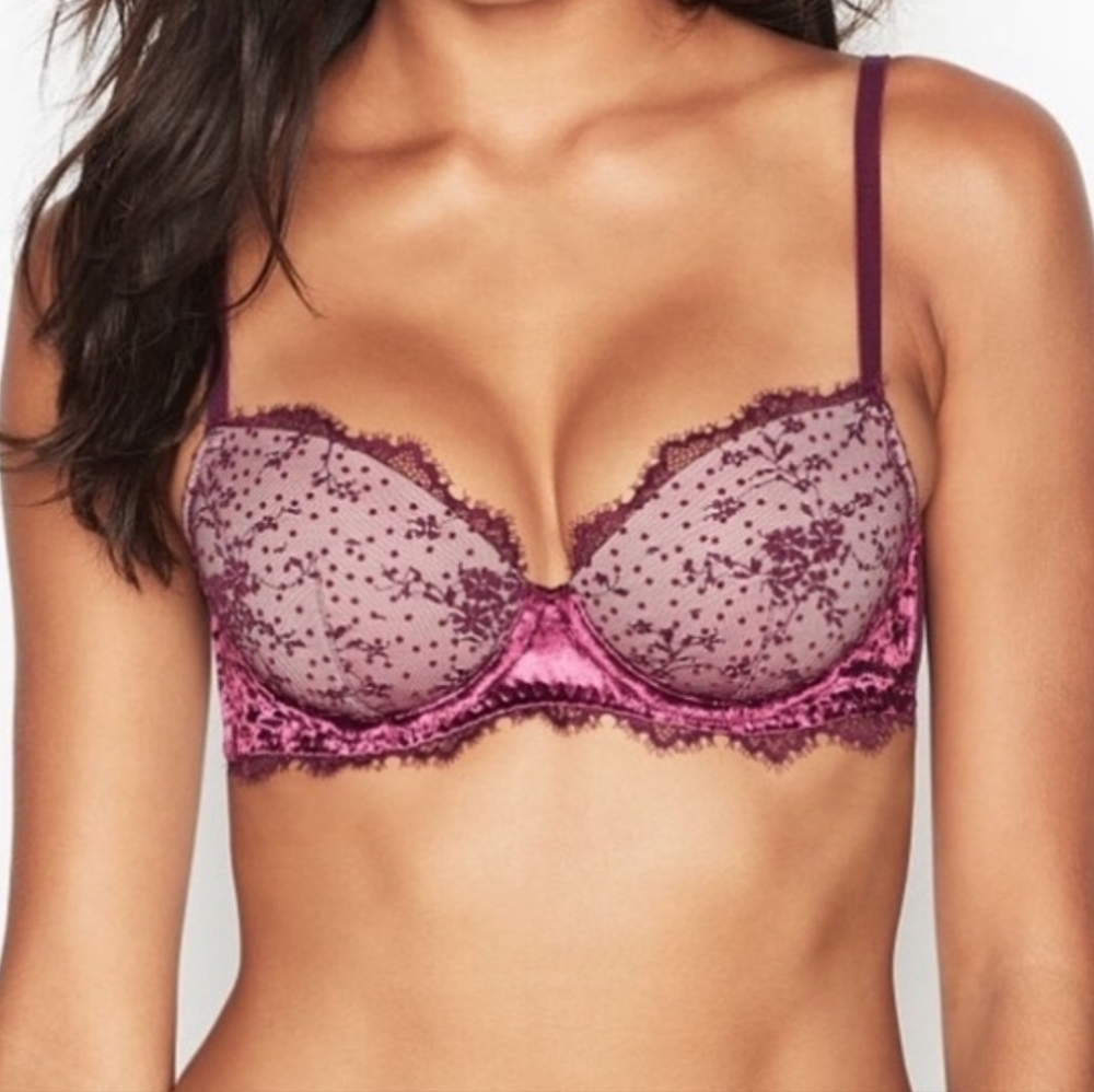 Victoria Secret Dream Angels Floral Lace Demi Lined Bra Size 34B PLUM